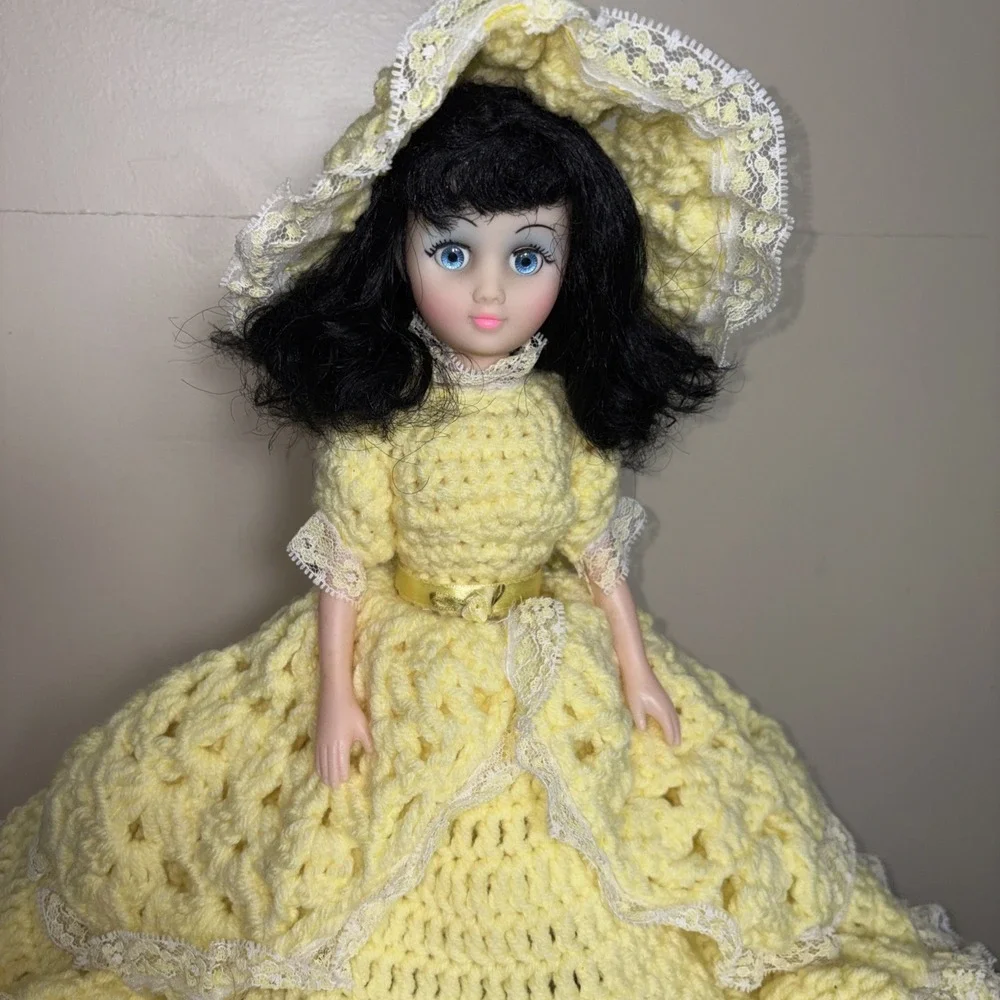 Vintage Crochet Doll Handmade Yellow Dress